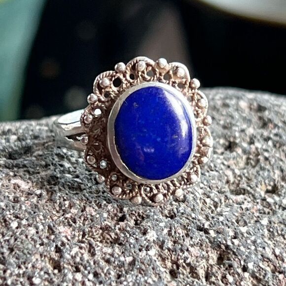 Antique Blue Lapis Solid Sterling Silver Estate Ring size 8.5 - Picture 1 of 9